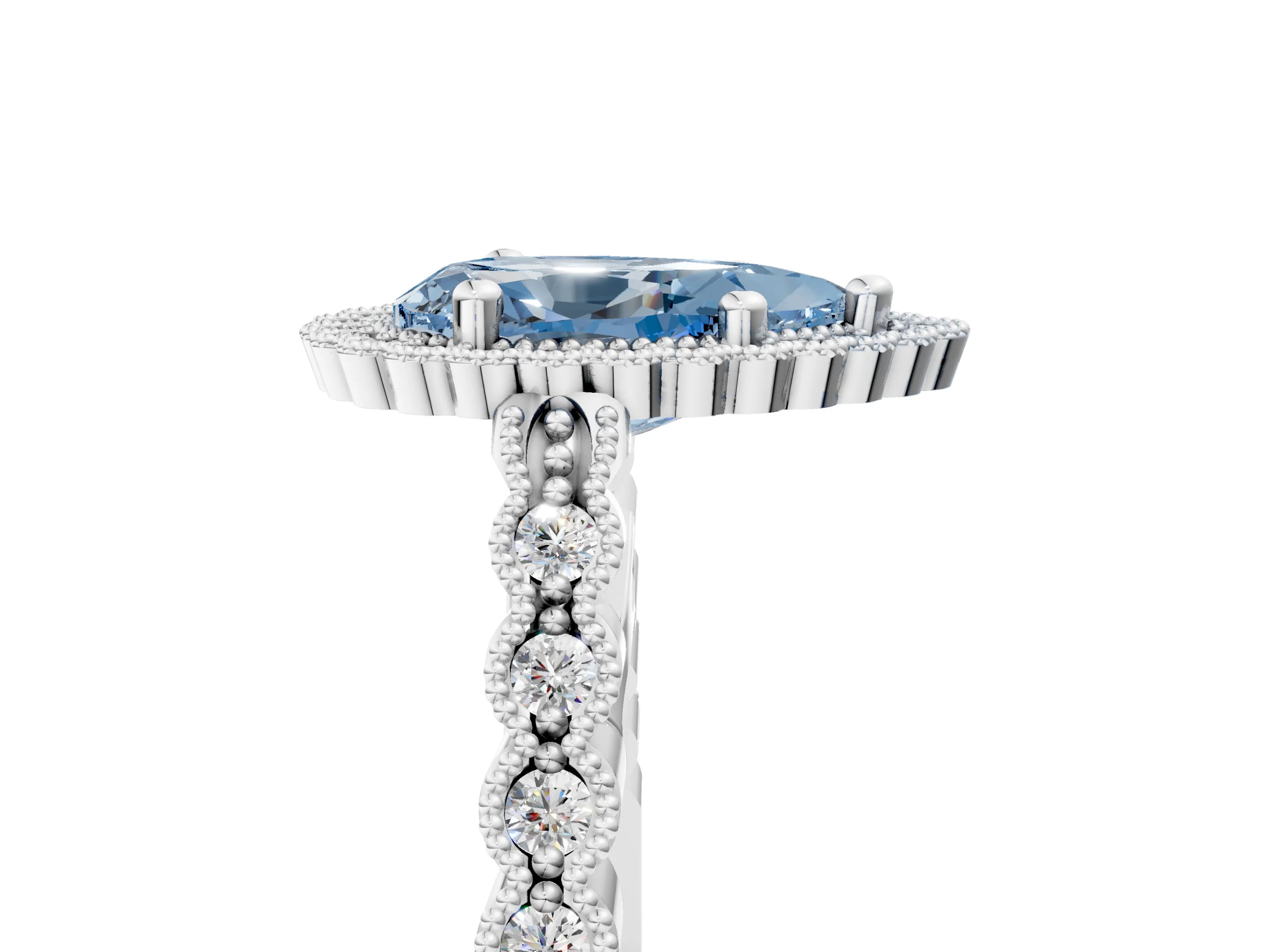 White gold Fancy Blue Pear Cut Cut Halo Pavé Solitaire Ring with Milgrain Band_5