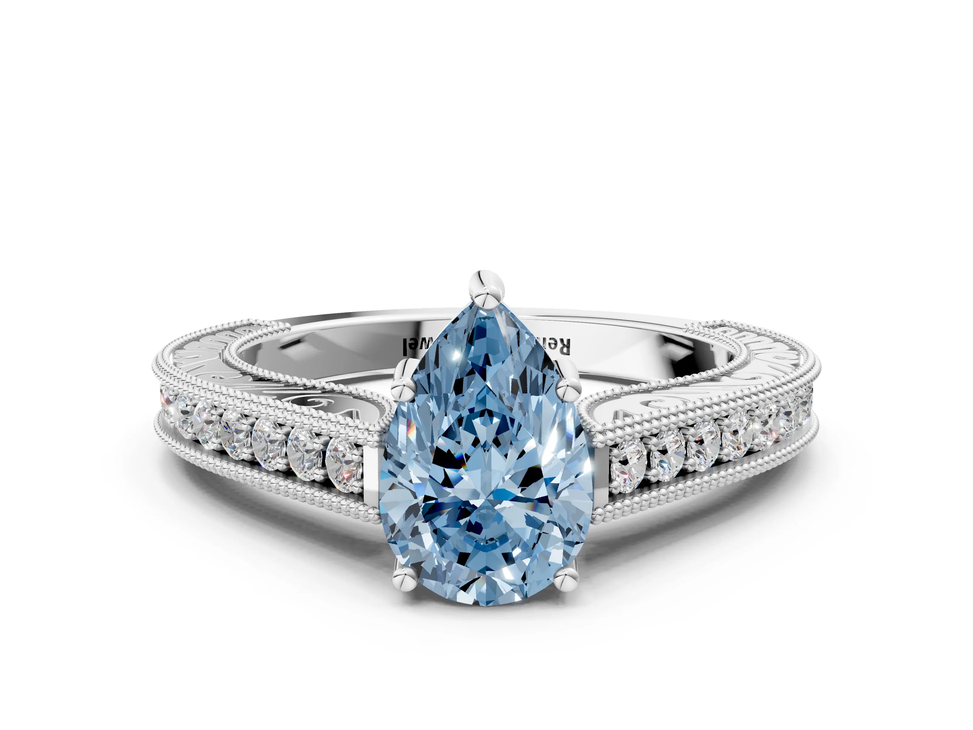 White gold Fancy Blue Pear Cut Cut Pave Band Milgrain Solitaire Ring