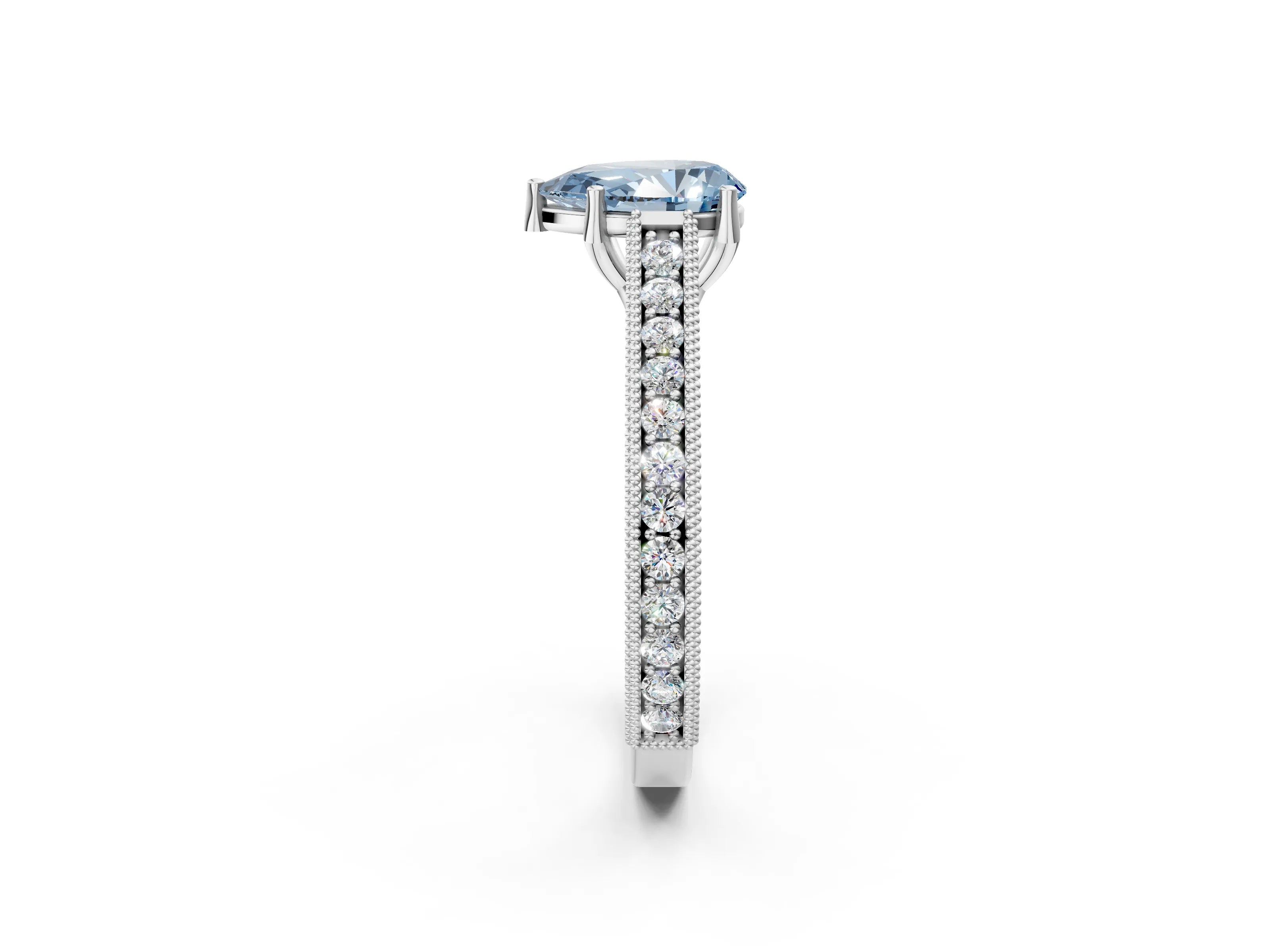 White gold Fancy Blue Pear Cut Cut Pave Band Milgrain Solitaire Ring_2