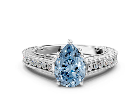 White gold Fancy Blue Pear Cut Cut Pave Band Milgrain Solitaire Ring