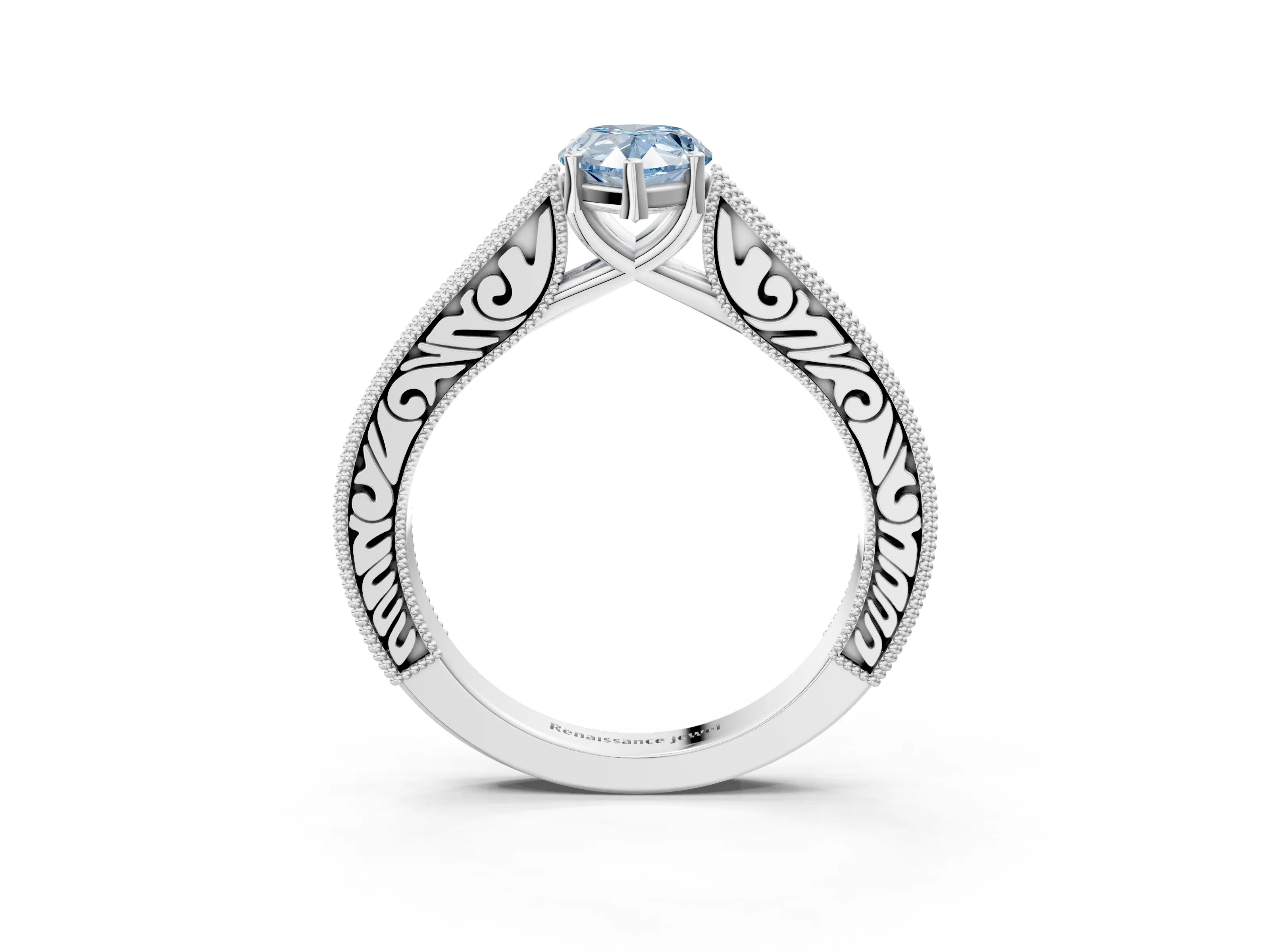 White gold Fancy Blue Pear Cut Cut Pave Band Milgrain Solitaire Ring_3