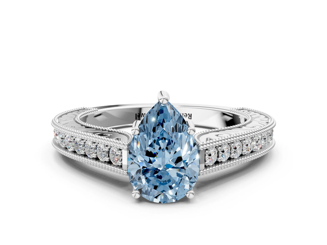 White gold Fancy Blue Pear Cut Cut Pave Band Milgrain Solitaire Ring