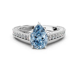 White gold Fancy Blue Pear Cut Cut Pave Band Milgrain Solitaire Ring