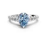 White gold Fancy Blue Pear Cut Diamond Cathedral Solitaire Ring with Round  Pavé Band_205