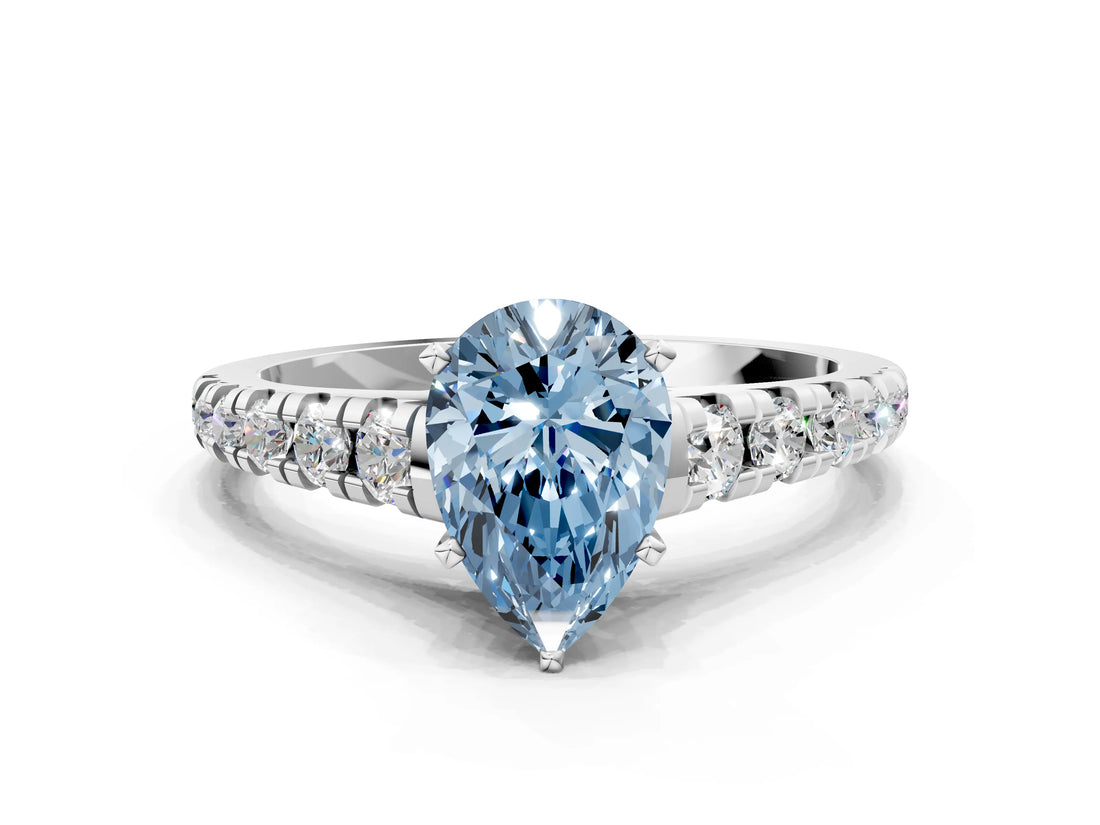 White gold Fancy Blue Pear Cut Diamond Cathedral Solitaire Ring with Round  Pavé Band_227