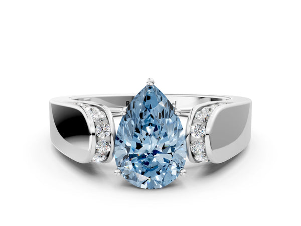 White Gold Pear-Shaped Channel Set Engagement Ring Setting for Fancy Blue Center with Wide Band