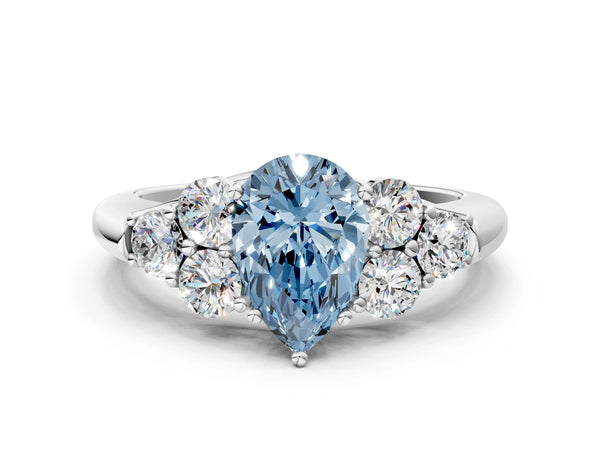 White gold Fancy Blue Pear  Cut Diamond Cluster Ring with Round Accent Stones and Prong Setting on a Classic Band