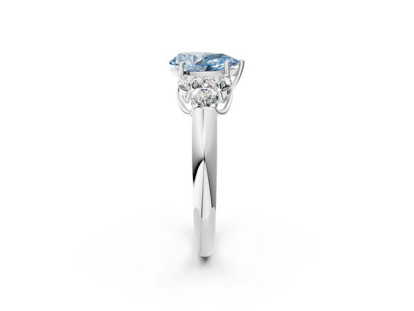 White gold Fancy Blue Pear  Cut Diamond Cluster Ring with Round Accent Stones and Prong Setting on a Classic Band
