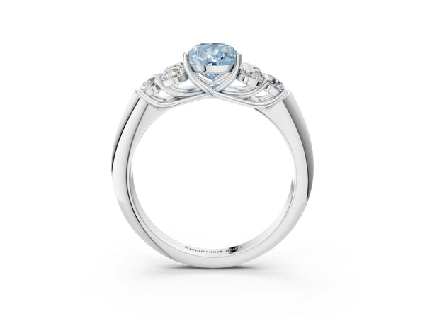 White gold Fancy Blue Pear  Cut Diamond Cluster Ring with Round Accent Stones and Prong Setting on a Classic Band