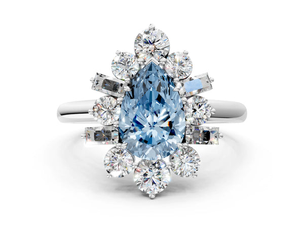 White gold Fancy Blue Pear Cut Diamond Cluster Ring with Round and Baguette Stones, Split Shank Band, Prong Setting