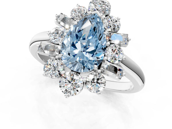 White gold Fancy Blue Pear Cut Diamond Cluster Ring with Round and Baguette Stones, Split Shank Band, Prong Setting