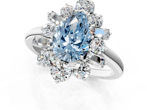 White gold Fancy Blue Pear Cut Diamond Cluster Ring with Round and Baguette Stones, Split Shank Band, Prong Setting_13