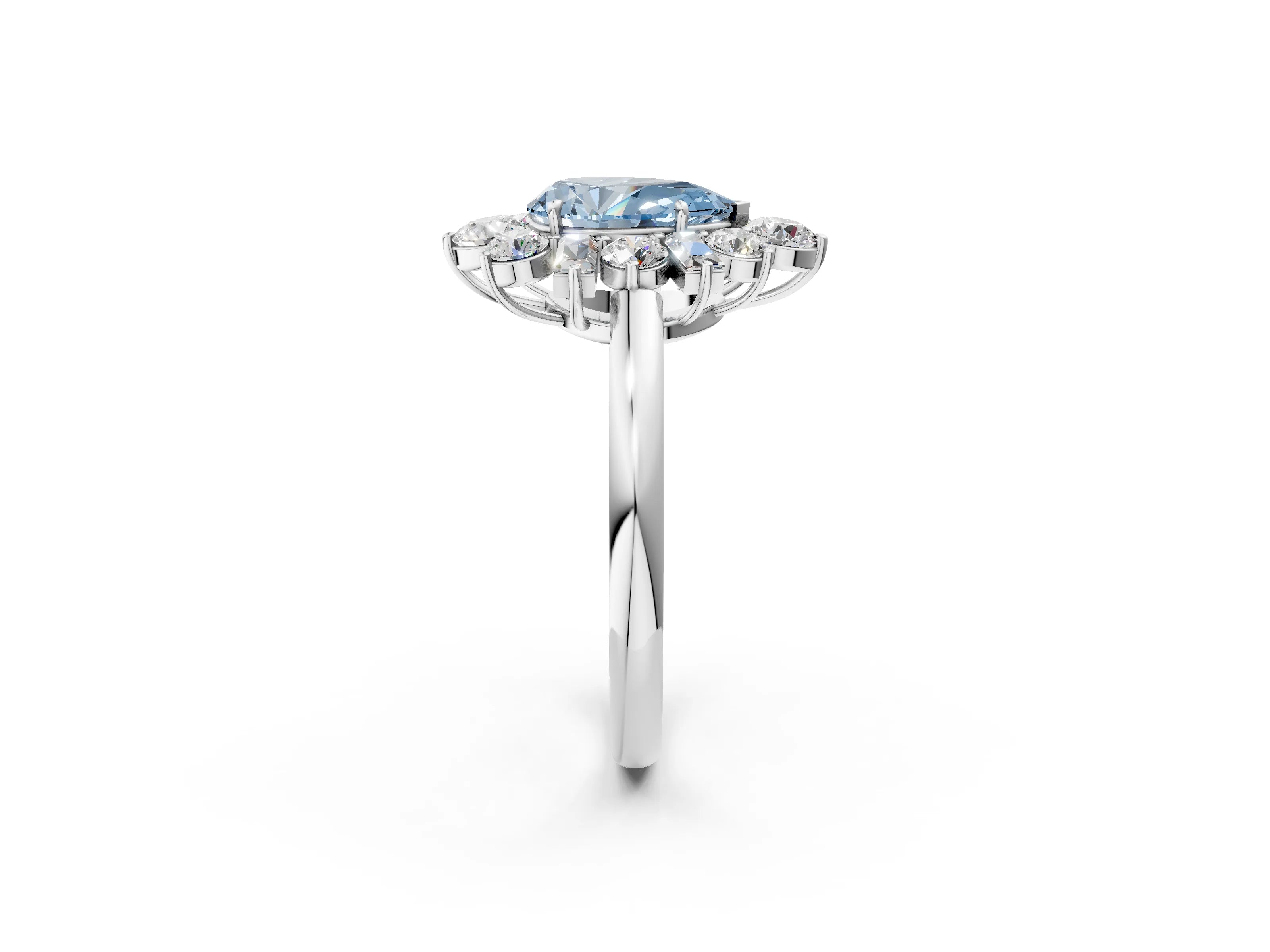 White gold Fancy Blue Pear Cut Diamond Cluster Ring with Round and Baguette Stones, Split Shank Band, Prong Setting_14
