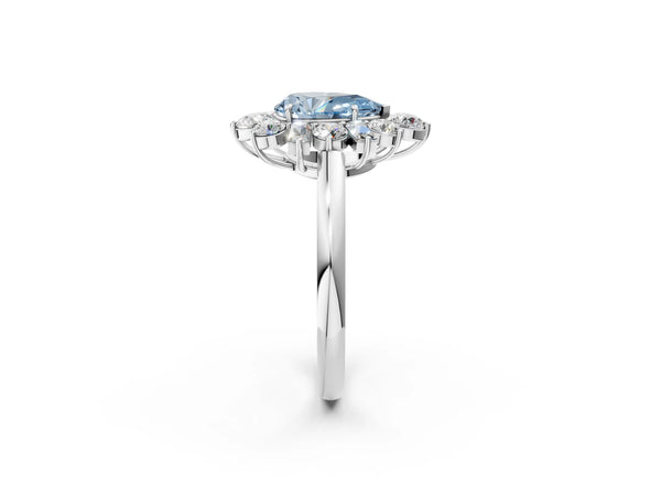 White gold Fancy Blue Pear Cut Diamond Cluster Ring with Round and Baguette Stones, Split Shank Band, Prong Setting