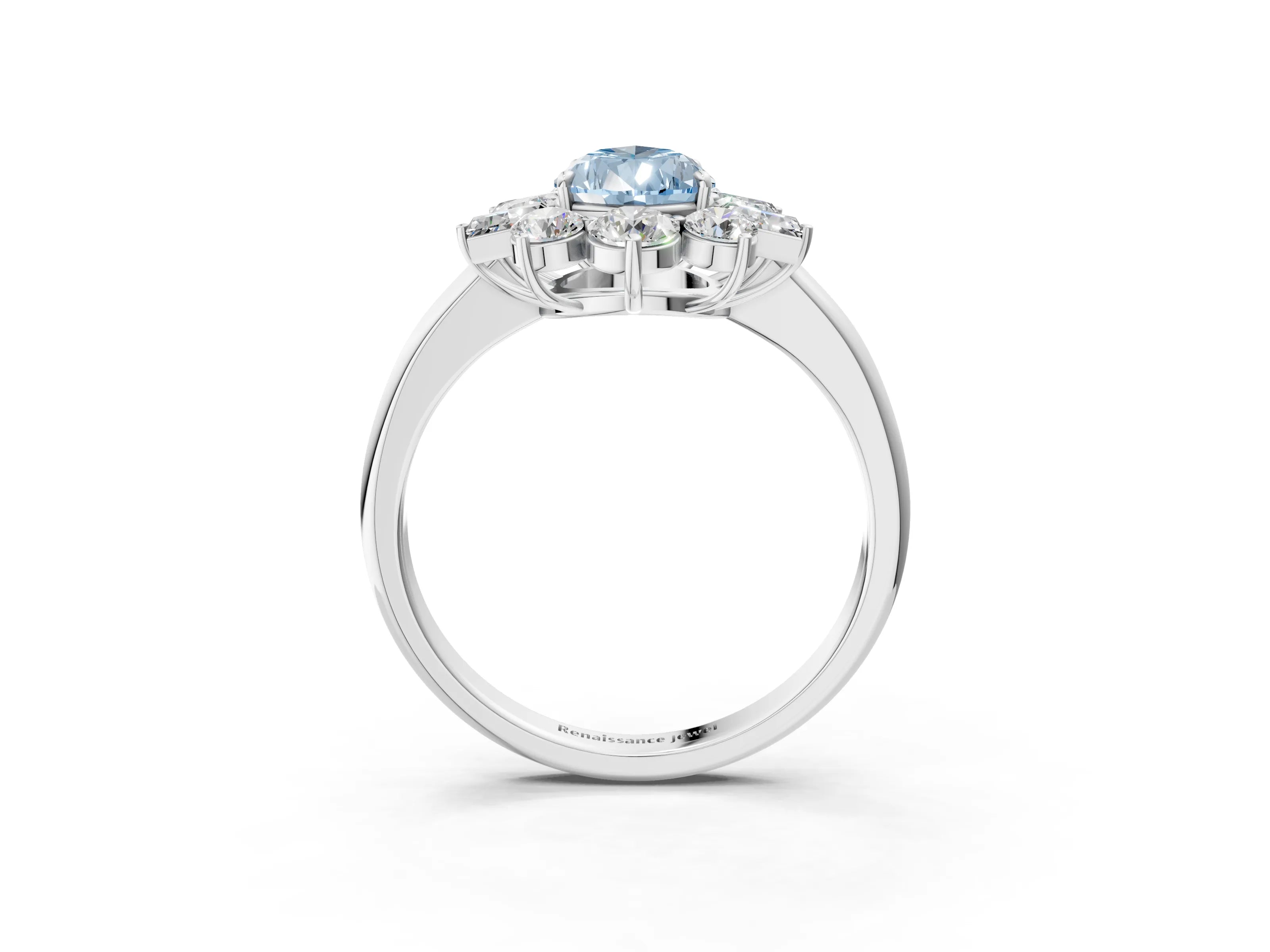 White gold Fancy Blue Pear Cut Diamond Cluster Ring with Round and Baguette Stones, Split Shank Band, Prong Setting_15