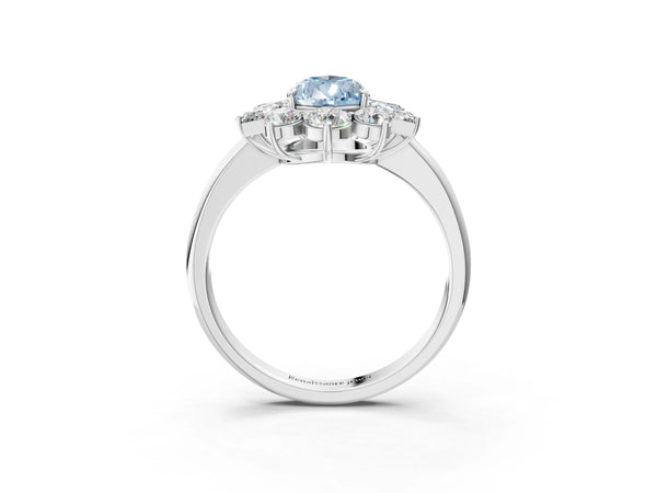 White gold Fancy Blue Pear Cut Diamond Cluster Ring with Round and Baguette Stones, Split Shank Band, Prong Setting