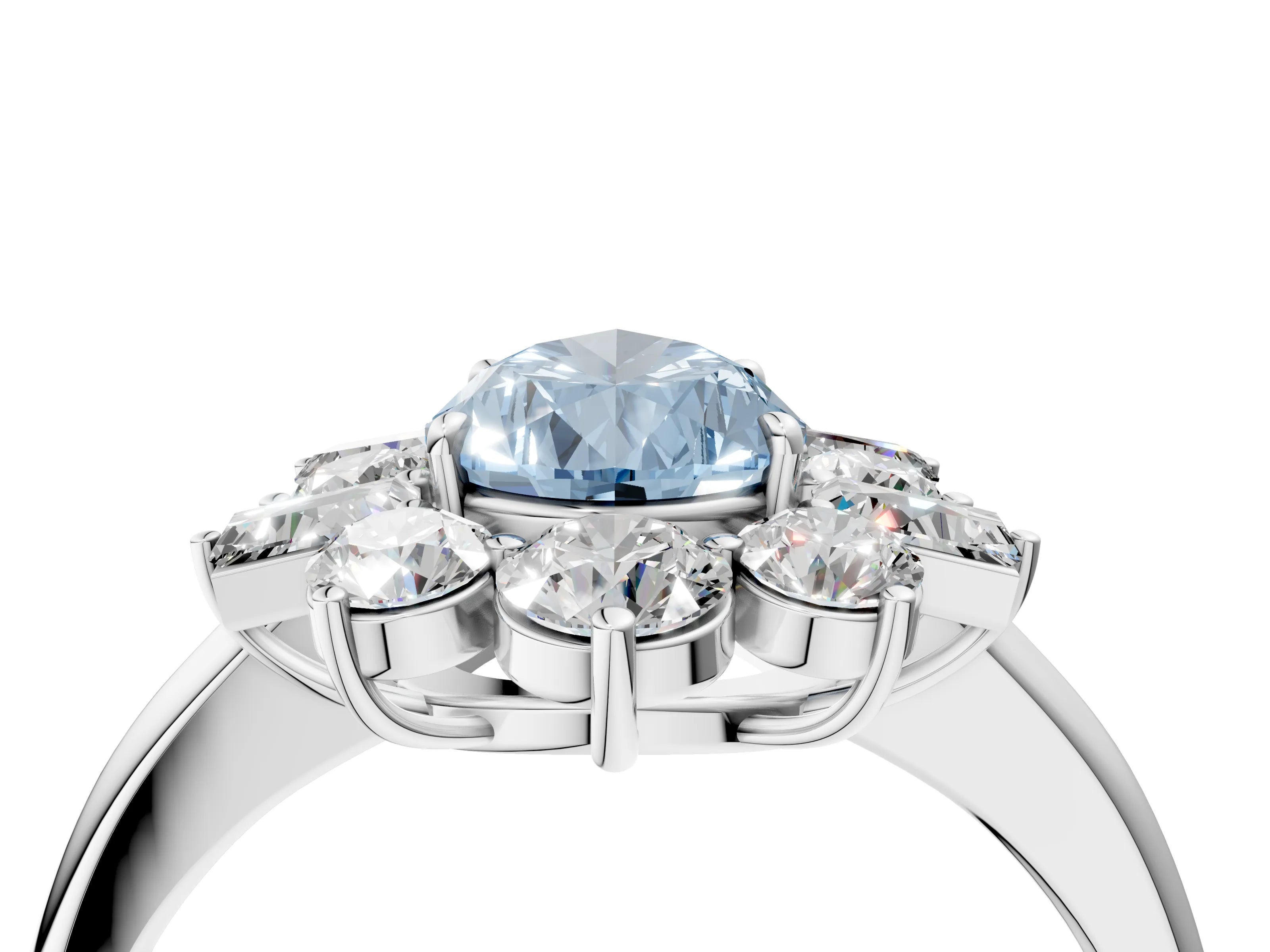 White gold Fancy Blue Pear Cut Diamond Cluster Ring with Round and Baguette Stones, Split Shank Band, Prong Setting_16