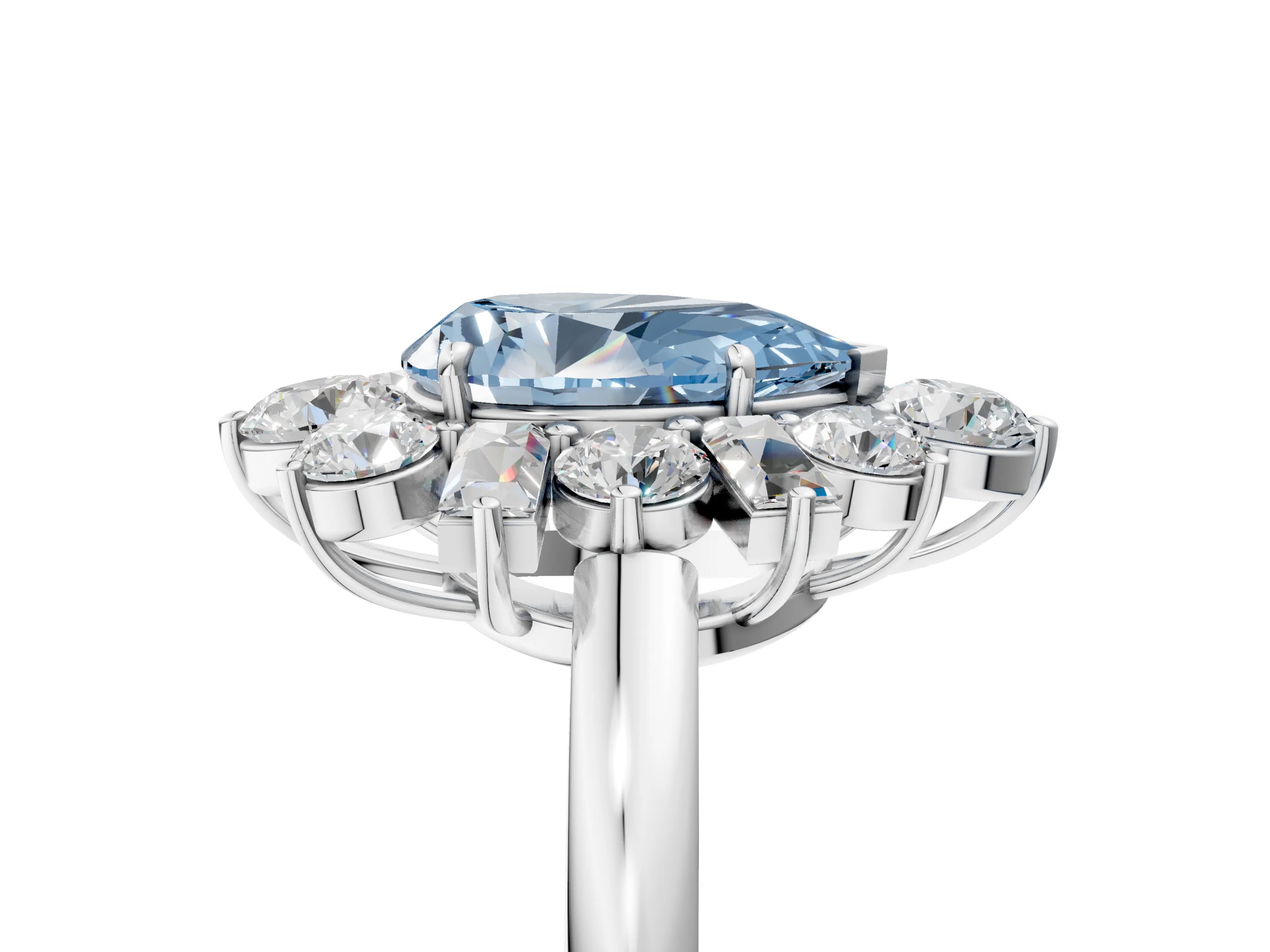 White gold Fancy Blue Pear Cut Diamond Cluster Ring with Round and Baguette Stones, Split Shank Band, Prong Setting_17