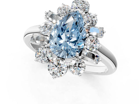 White gold Fancy Blue Pear Cut Diamond Cluster Ring with Round and Baguette Stones, Split Shank Band, Prong Setting_1