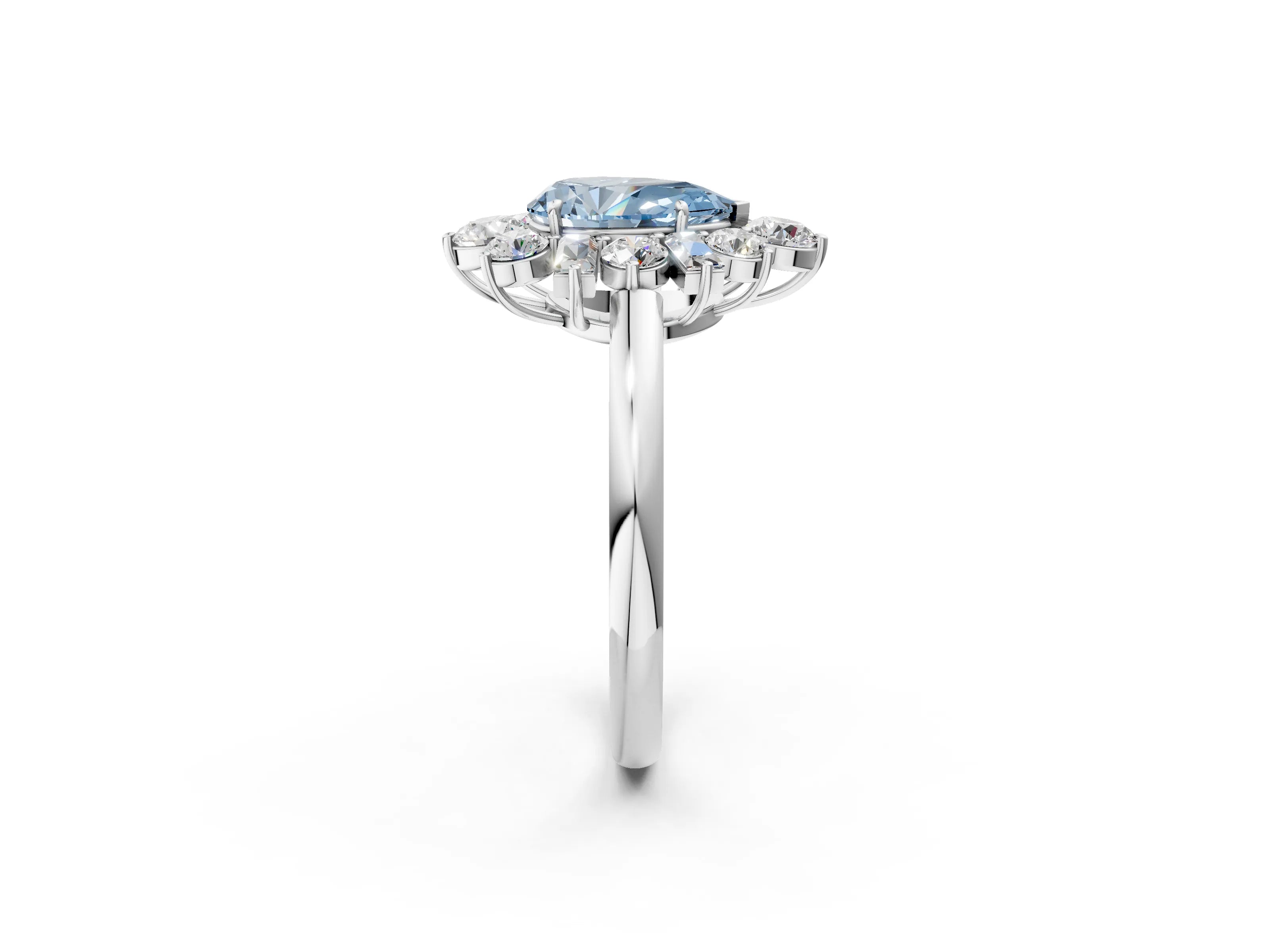 White gold Fancy Blue Pear Cut Diamond Cluster Ring with Round and Baguette Stones, Split Shank Band, Prong Setting_2