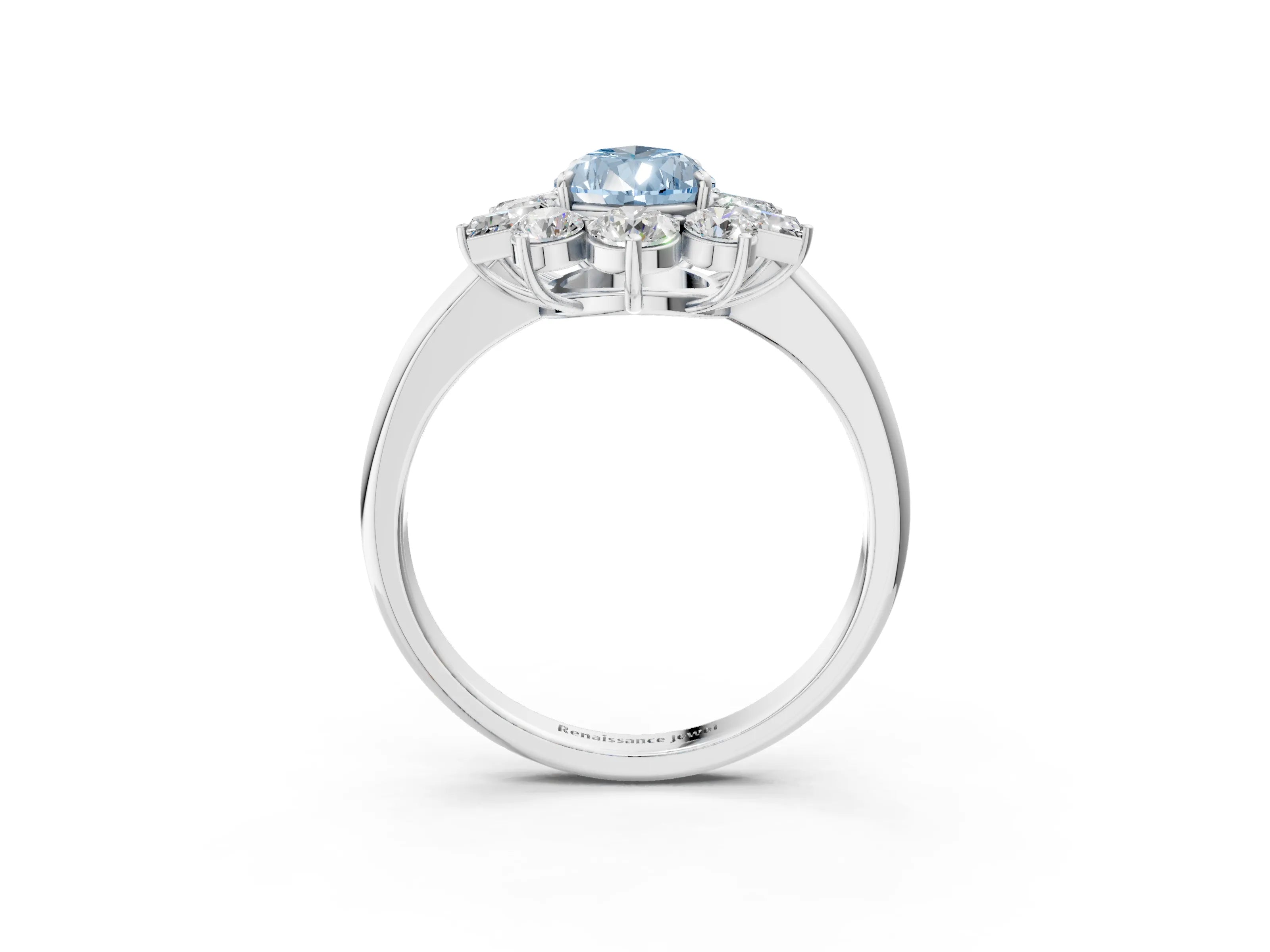 White gold Fancy Blue Pear Cut Diamond Cluster Ring with Round and Baguette Stones, Split Shank Band, Prong Setting_3