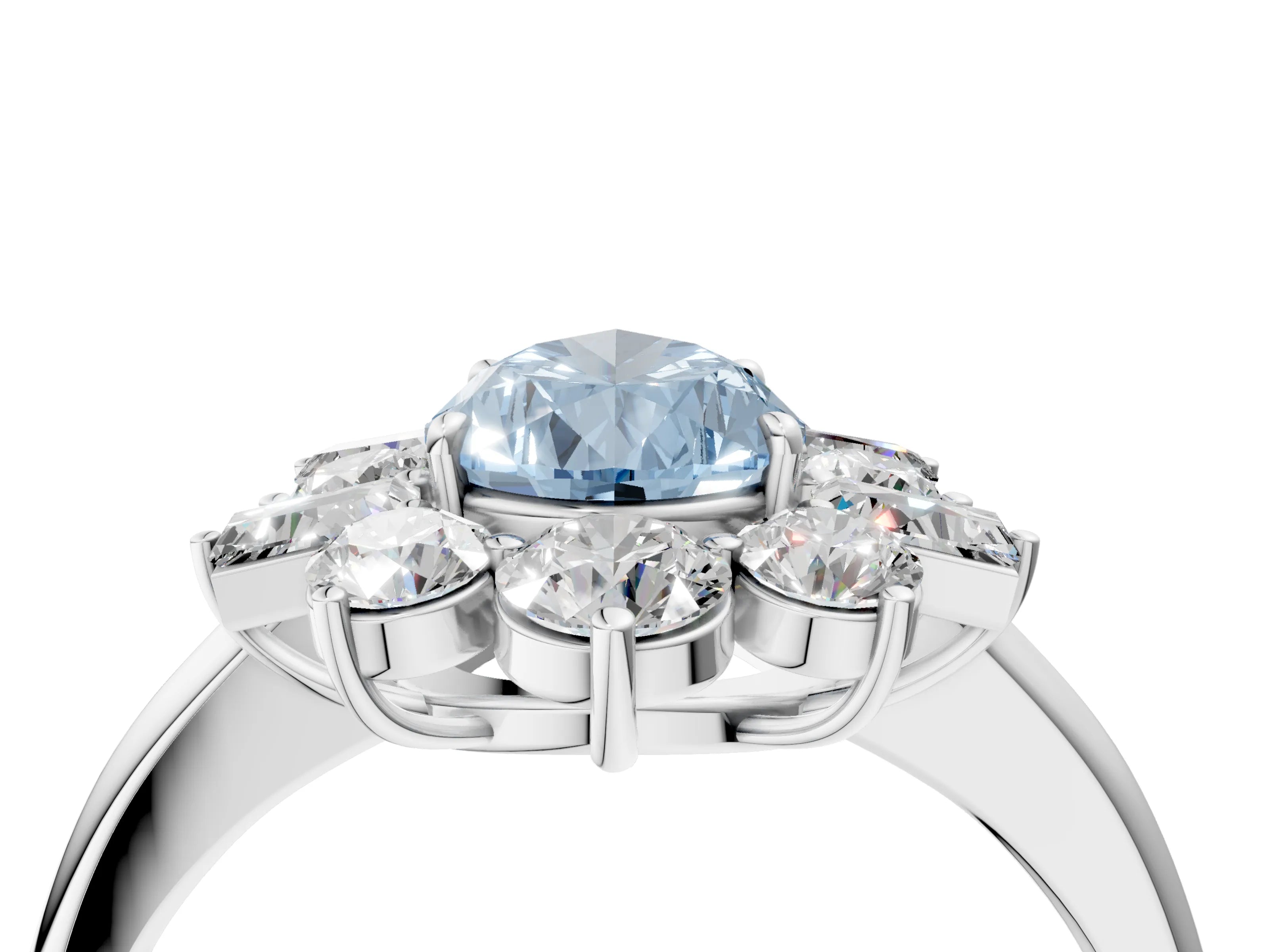 White gold Fancy Blue Pear Cut Diamond Cluster Ring with Round and Baguette Stones, Split Shank Band, Prong Setting_4