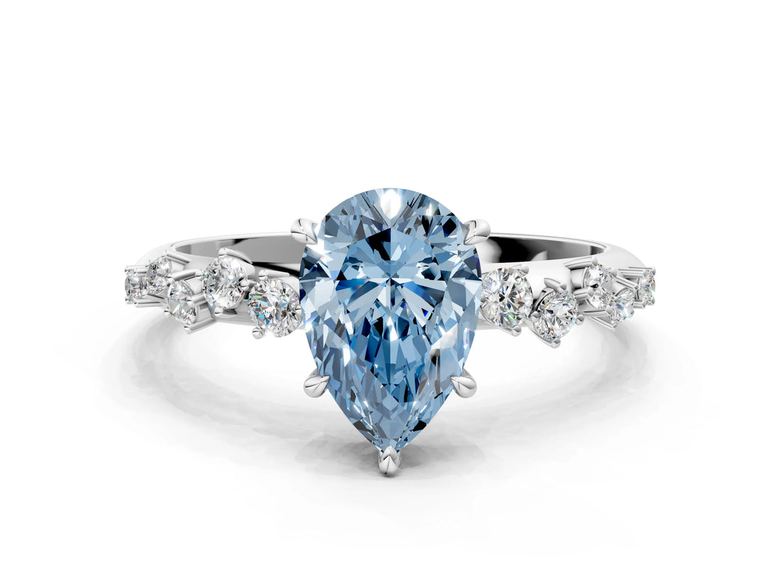 White gold Fancy Blue Pear Cut Diamond Cluster Side Stone Solitaire Ring with Prong Setting_107
