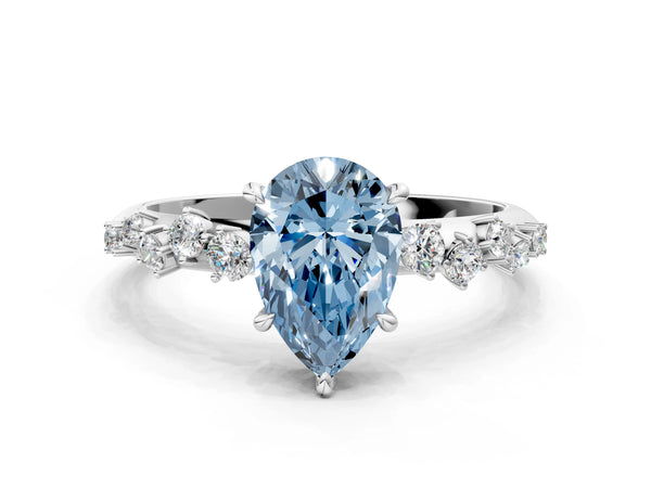 Platinum Fancy Blue Pear Cut Diamond Cluster Side Stone Solitaire Ring with Prong Setting