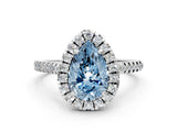 White gold Fancy Blue Pear Cut Diamond Cushion Halo Ring with Pavé Band