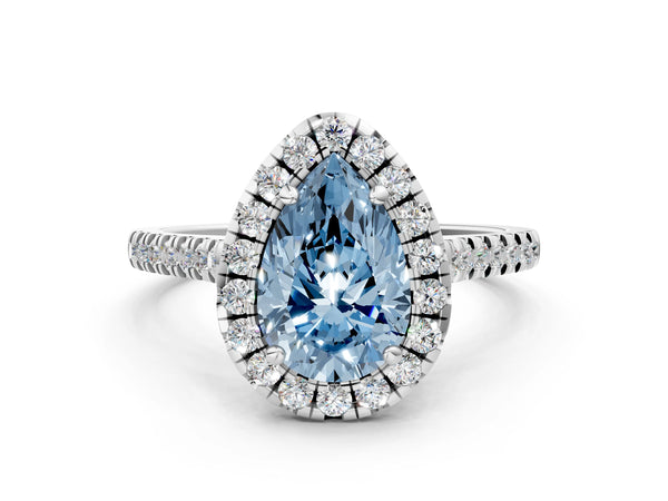 Platinum Fancy Blue Pear Cut Diamond Cushion Halo Ring with Pavé Band