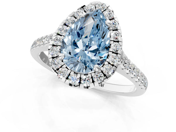 Platinum Fancy Blue Pear Cut Diamond Cushion Halo Ring with Pavé Band