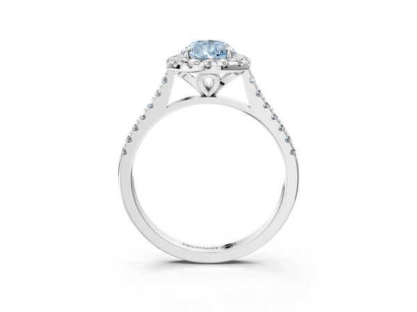 Platinum Fancy Blue Pear Cut Diamond Cushion Halo Ring with Pavé Band