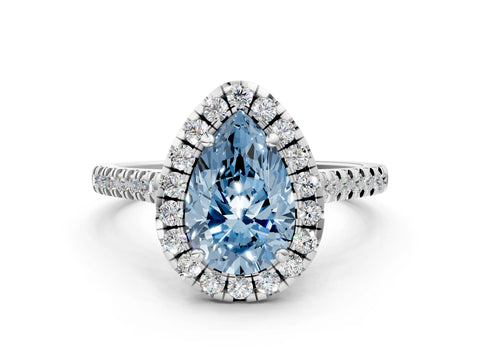 White gold Fancy Blue Pear Cut Diamond Cushion Halo Ring with Pavé Band