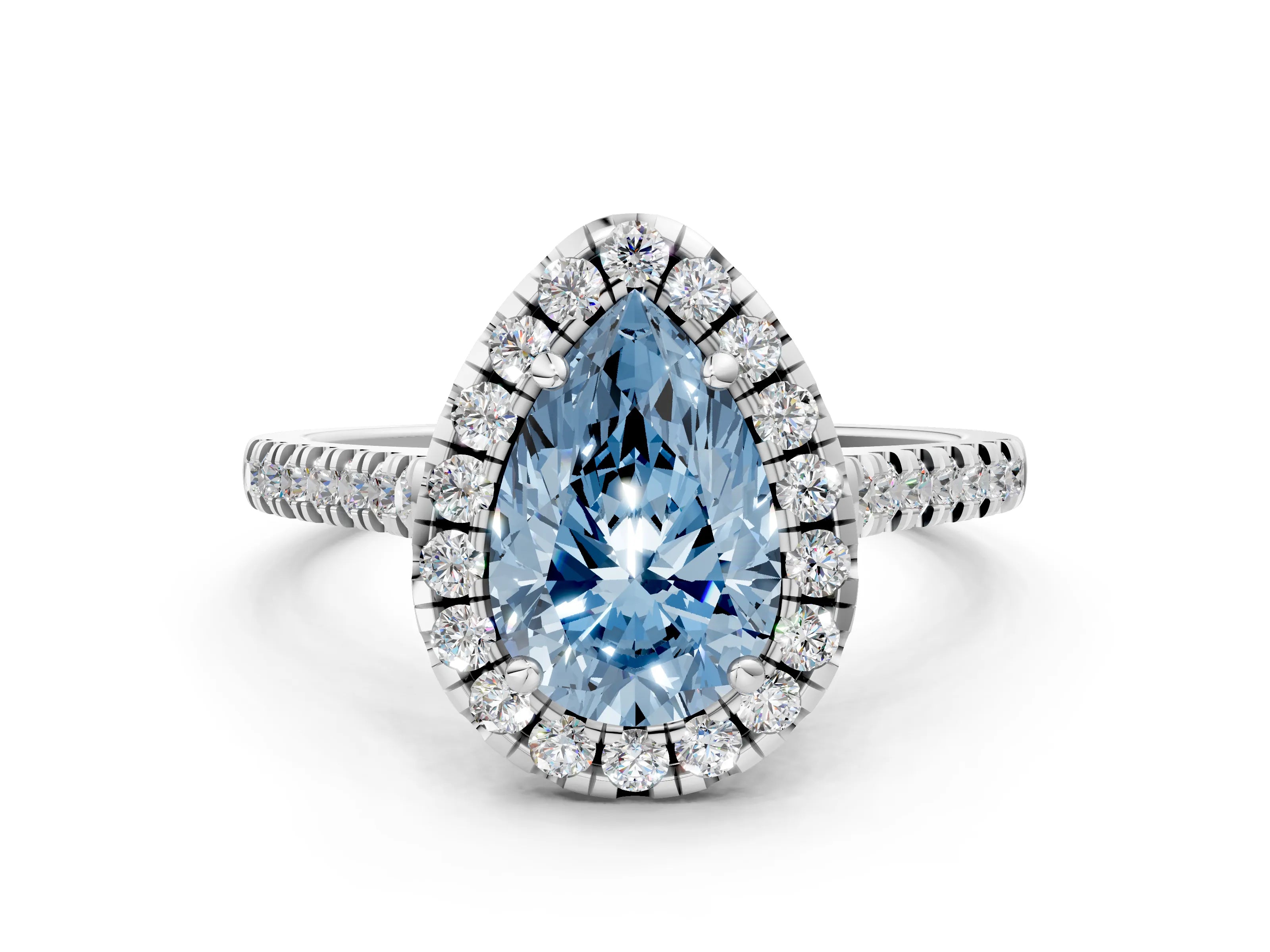 White gold Fancy Blue Pear Cut Diamond Cushion Halo Ring with Pavé Band