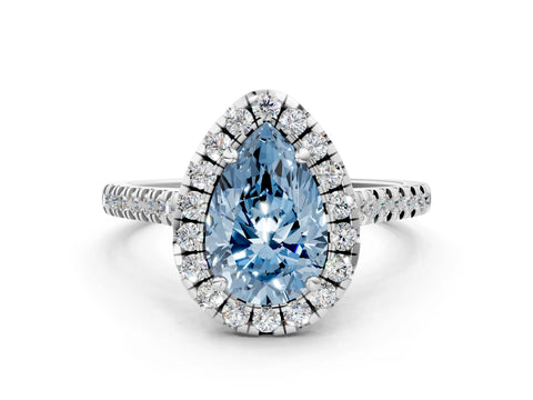 White gold Fancy Blue Pear Cut Diamond Cushion Halo Ring with Pavé Band