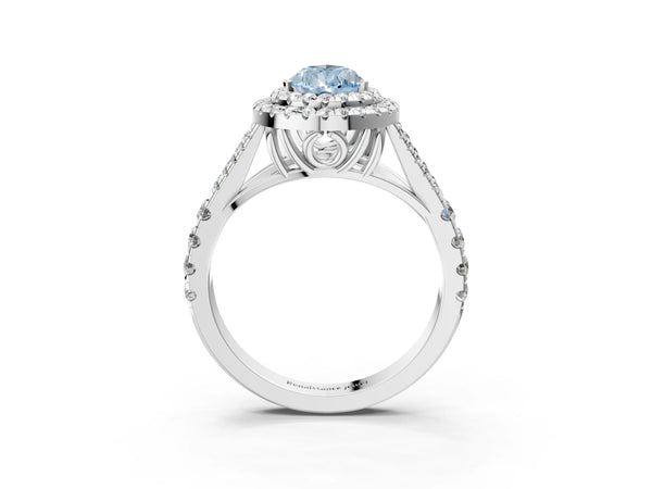 White gold Fancy Blue Pear Cut Diamond Double Halo Ring with Split Shank and Prong Setting