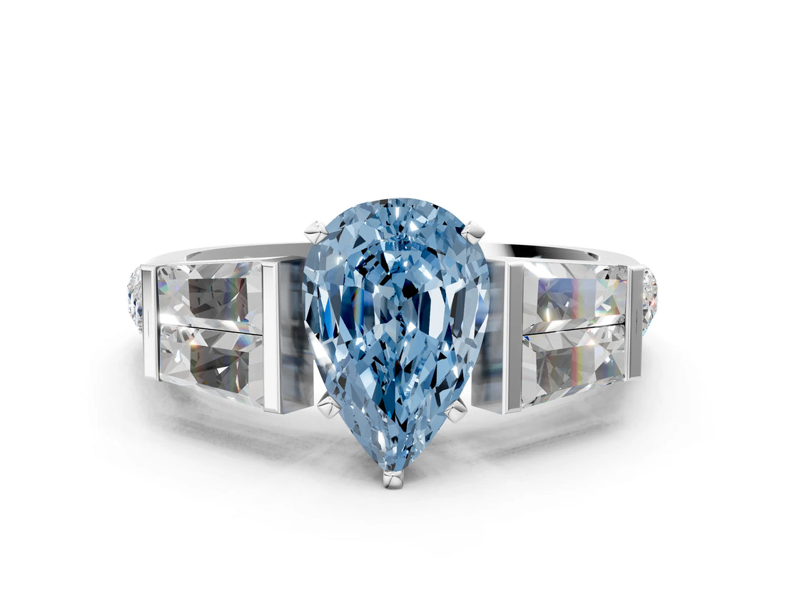 White gold Fancy Blue Pear Cut Diamond Engagement Ring with Baguette Side Stones and Channel Set Band_32