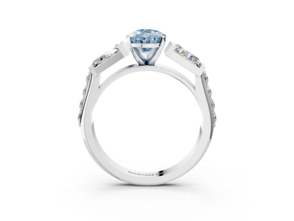 Platinum Fancy Blue Pear Cut Diamond Engagement Ring with Baguette Side Stones and Channel Set Band