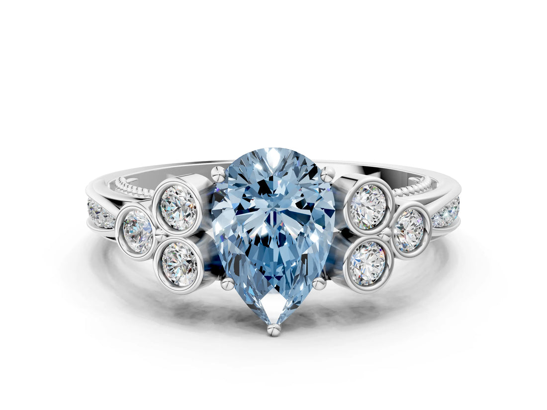 White gold Fancy Blue Pear  Cut Diamond Engagement Ring with Bezel Set Round Side Stones and Prong Setting_49