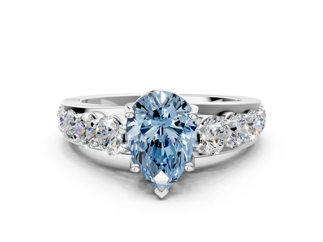 White gold Fancy Blue Pear  Cut Diamond Engagement Ring with Pavé Band and Four-Prong Setting_3