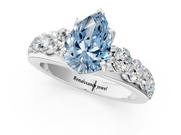 Platinum Fancy Blue Pear Cut Diamond Engagement Ring with Pavé Band and Four-Prong Setting