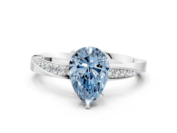 Platinum Fancy Blue Pear Cut Diamond Engagement Ring with Side Stone Accents and Four-Prong Setting