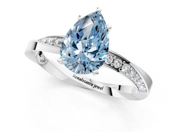 Platinum Fancy Blue Pear Cut Diamond Engagement Ring with Side Stone Accents and Four-Prong Setting