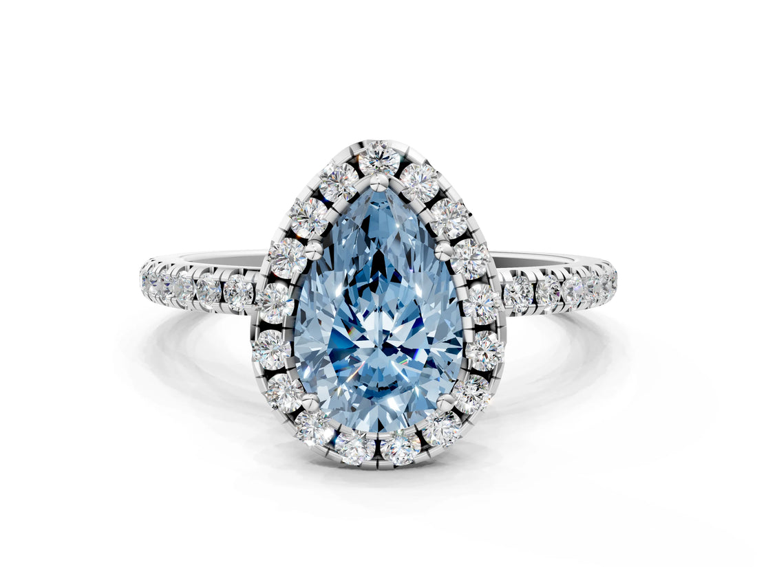 White gold Fancy Blue Pear  Cut Diamond Floral Halo Engagement Ring with Pavé Band and Prong Setting_49