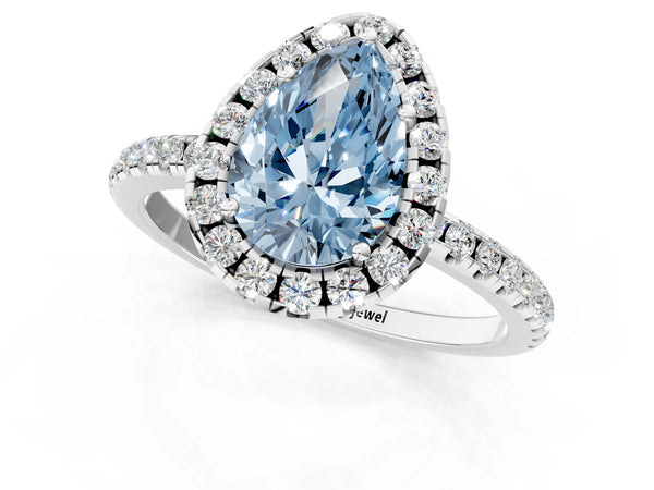 White gold Fancy Blue Pear  Cut Diamond Floral Halo Engagement Ring with Pavé Band and Prong Setting