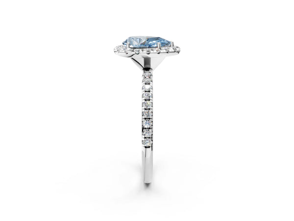 White gold Fancy Blue Pear  Cut Diamond Floral Halo Engagement Ring with Pavé Band and Prong Setting