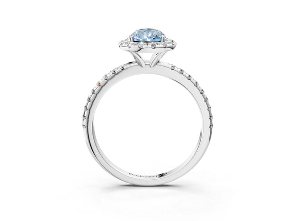 White gold Fancy Blue Pear  Cut Diamond Floral Halo Engagement Ring with Pavé Band and Prong Setting