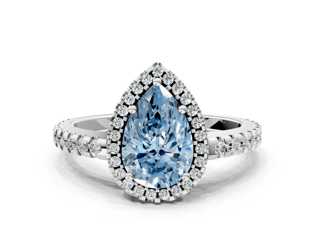 White gold Fancy Blue Pear Cut Diamond Halo Engagement Ring with Pavé Band and Prong Setting_39