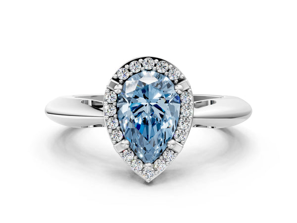 White gold Fancy Blue Pear  Cut Diamond Halo Engagement Ring with Split Shank and Four-Prong Setting