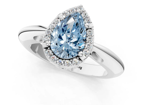White gold Fancy Blue Pear  Cut Diamond Halo Engagement Ring with Split Shank and Four-Prong Setting